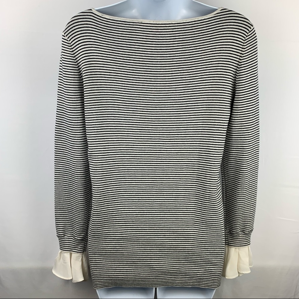 Loft Sweater Top Black Ivory Stripes Ruffle Sleeves - Picture 9 of 10